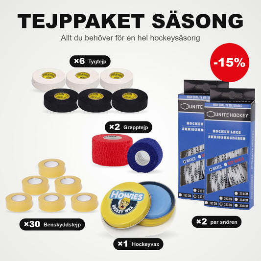 Tape-Paket Saison: 30 Schienbein-Tape, 6 Gewebebänder, 2 Griffbänder, 2 Paar Schlittschuhsenkel und Hockeywachs